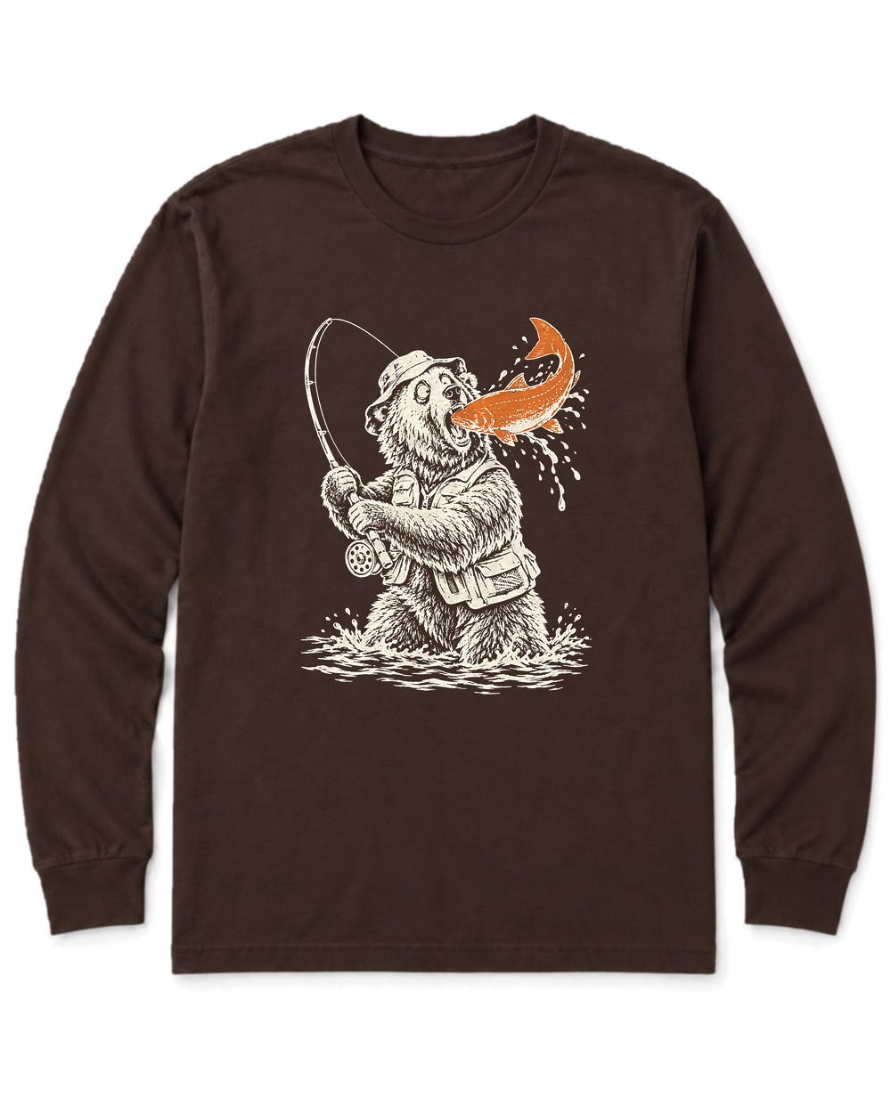 Gone Fishing Grizzly Long Sleeve Shirt - Dark Chocolate