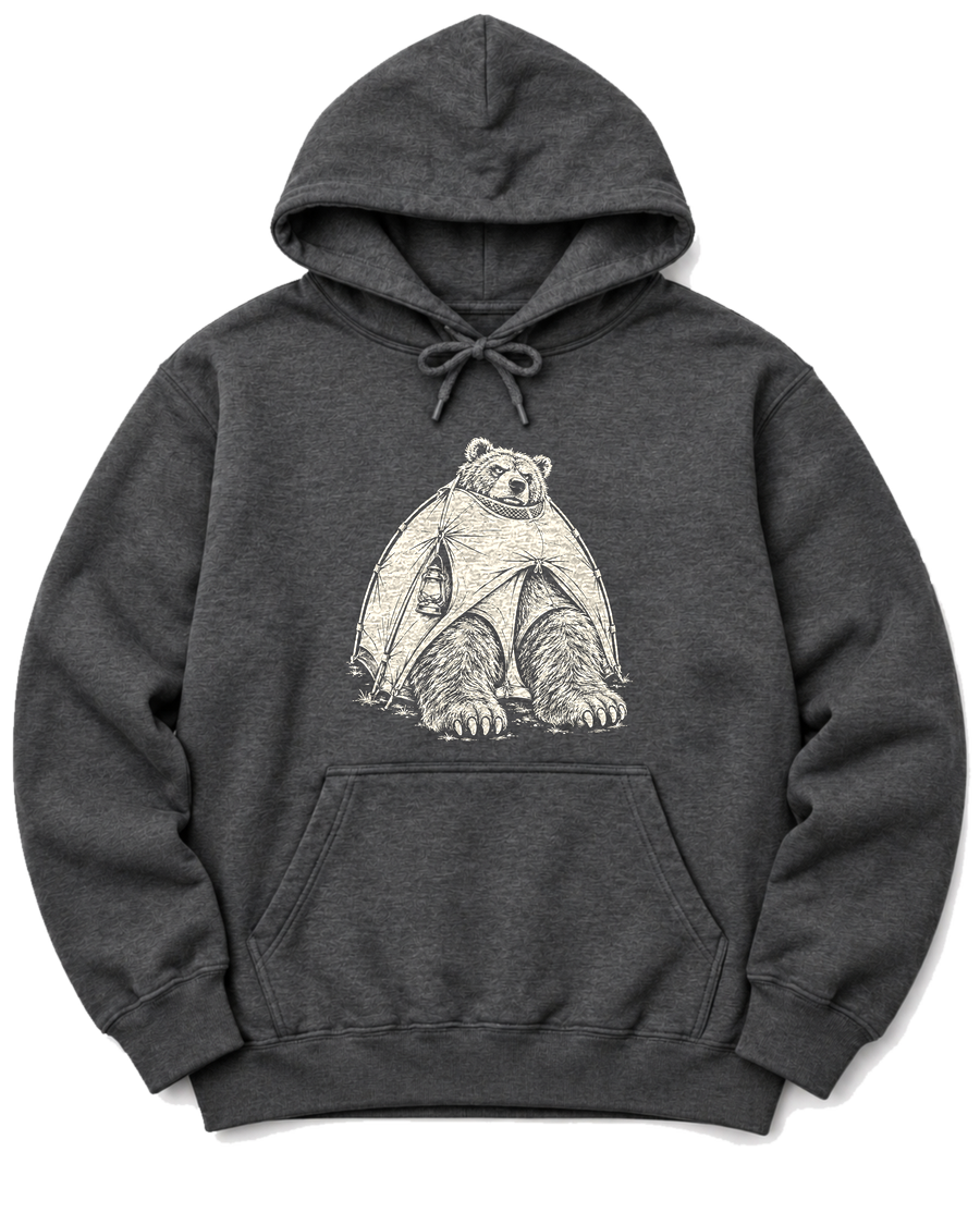 Bear in a Tiny Tent Hoodie - Dark Heather