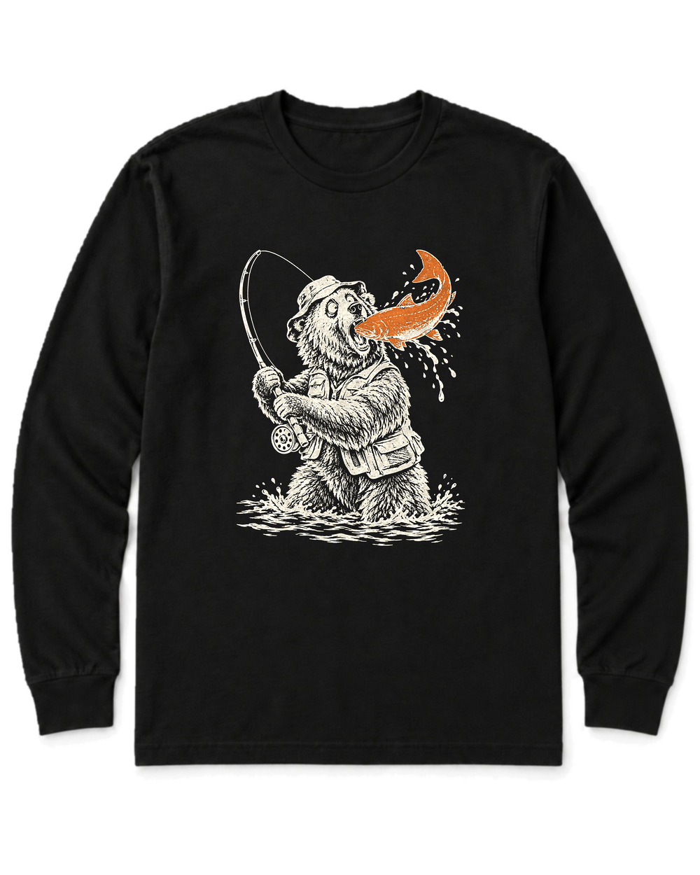Gone Fishing Grizzly Long Sleeve Shirt - Black