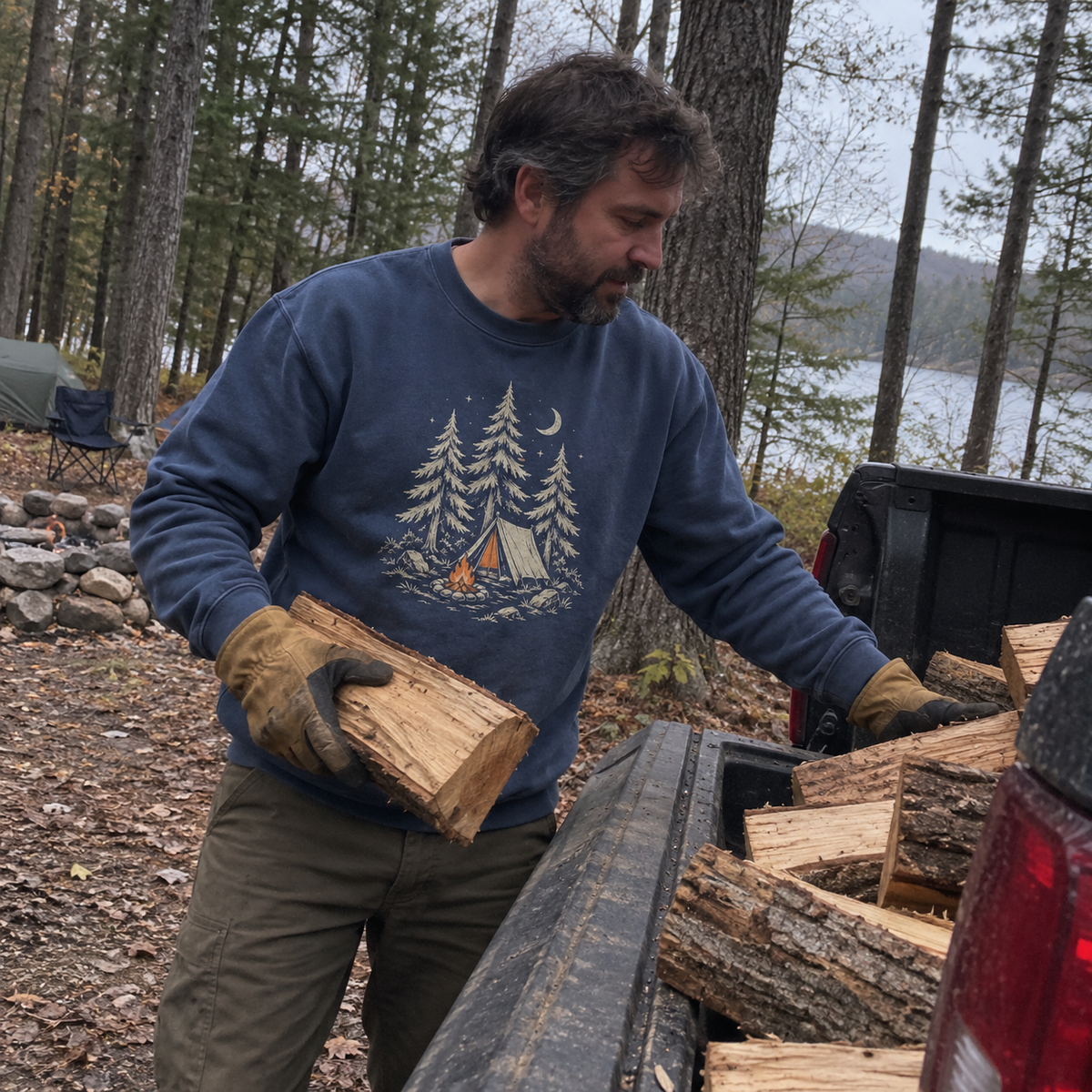 Camp Under the Pines Sweatshirt worn outdoors