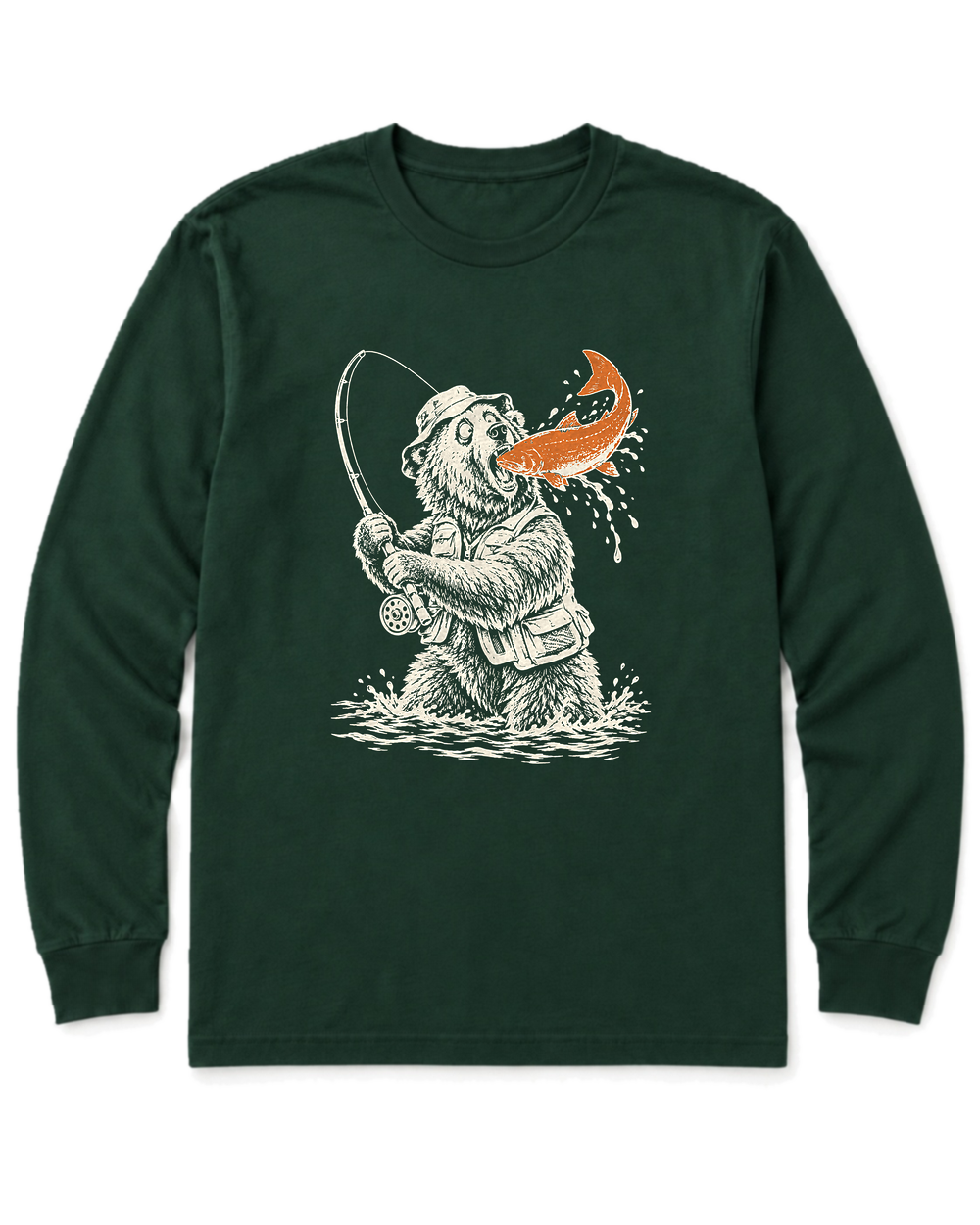 Gone Fishing Grizzly Long Sleeve Shirt - Forest Green