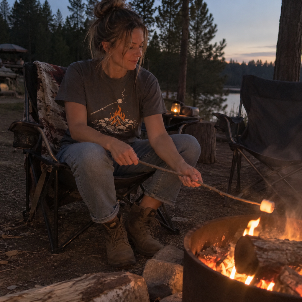 Marshmallow Roast T-Shirt worn outdoors
