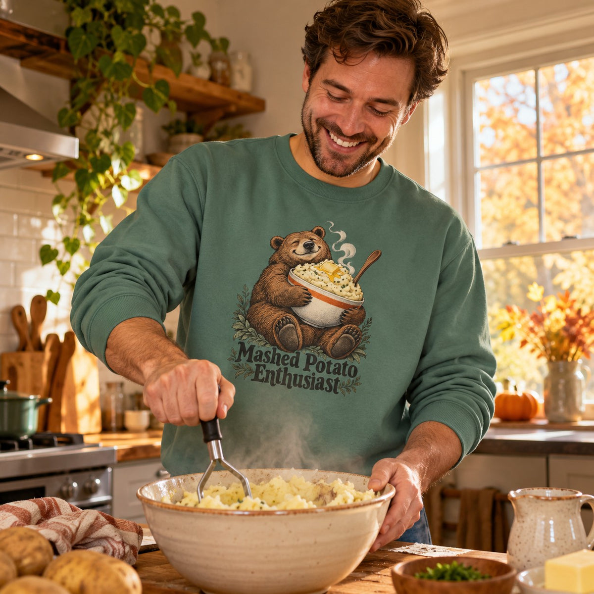 Mashed Potato Enthusiast Sweatshirt worn casually
