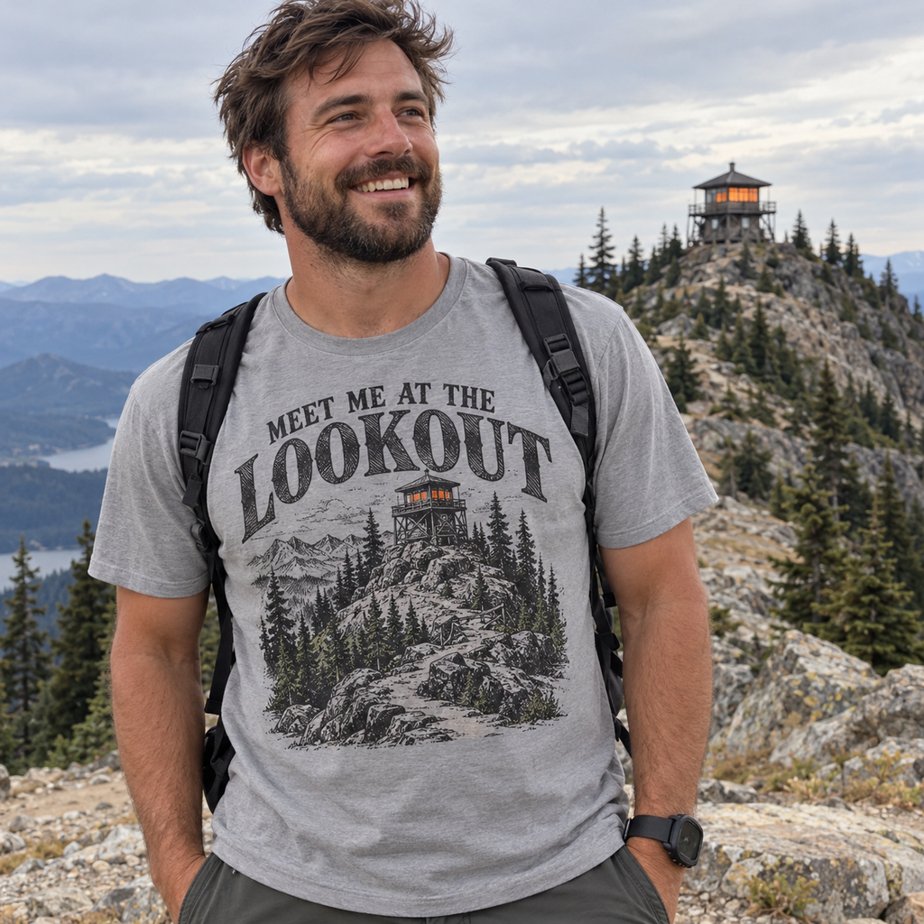 Hiker wearing the Meet Me at the Lookout T-Shirt