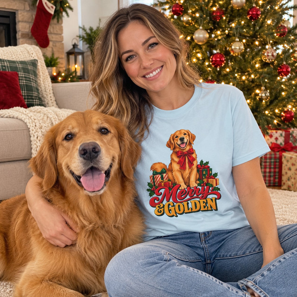 Merry & Golden T-Shirt worn in a casual Christmas photo