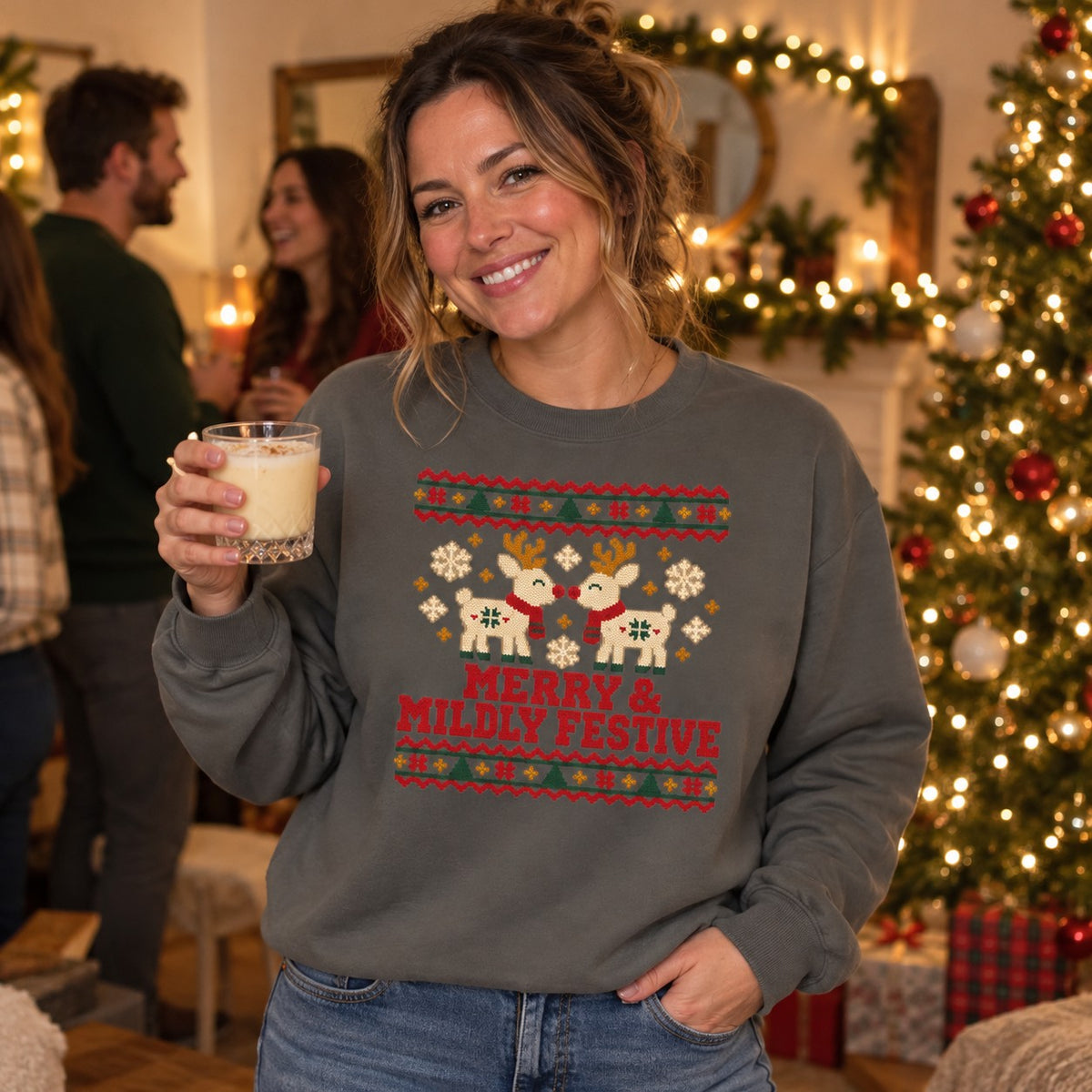 Merry & Mildly Festive Ugly Christmas Sweatshirt worn at a holiday party