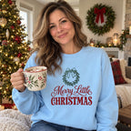 Merry Little Christmas Sweatshirt worn in a casual Christmas photo