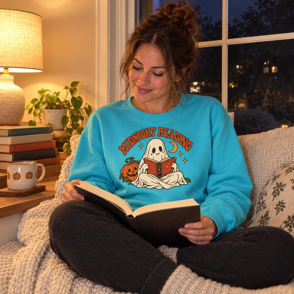 Person wearing the Midnight Reading Sweatshirt