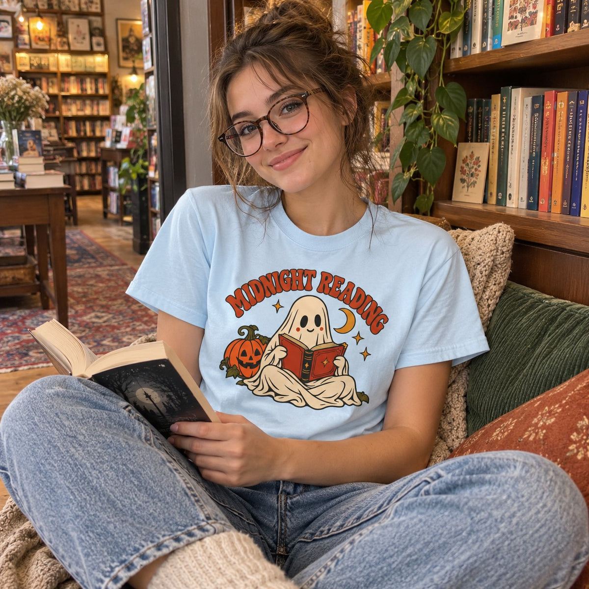 Person wearing the Midnight Reading T-Shirt