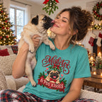 Mistletoe & Pug Kisses T-Shirt worn in a casual Christmas photo