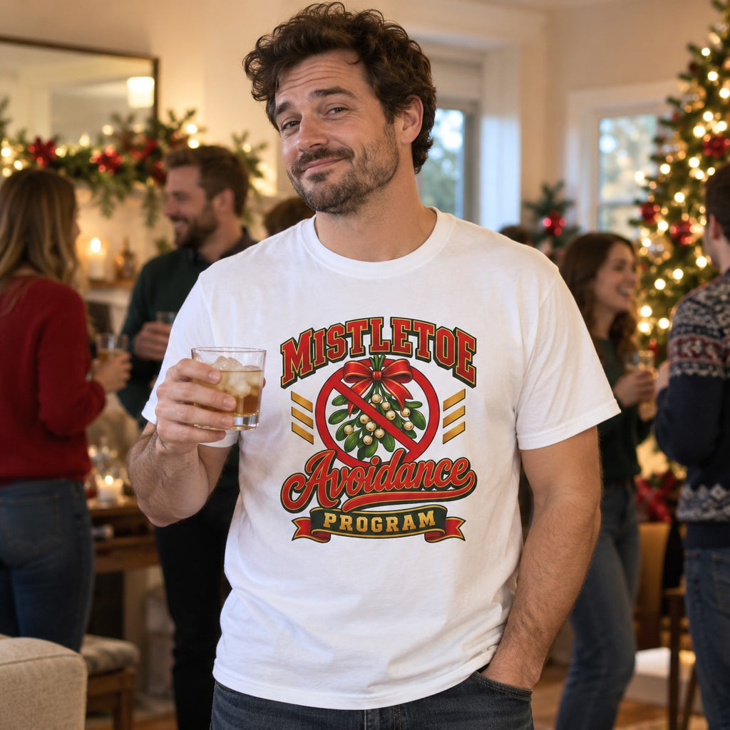 Mistletoe Avoidance Program T-Shirt worn in a casual Christmas photo