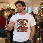 Mistletoe Avoidance Program T-Shirt worn in a casual Christmas photo