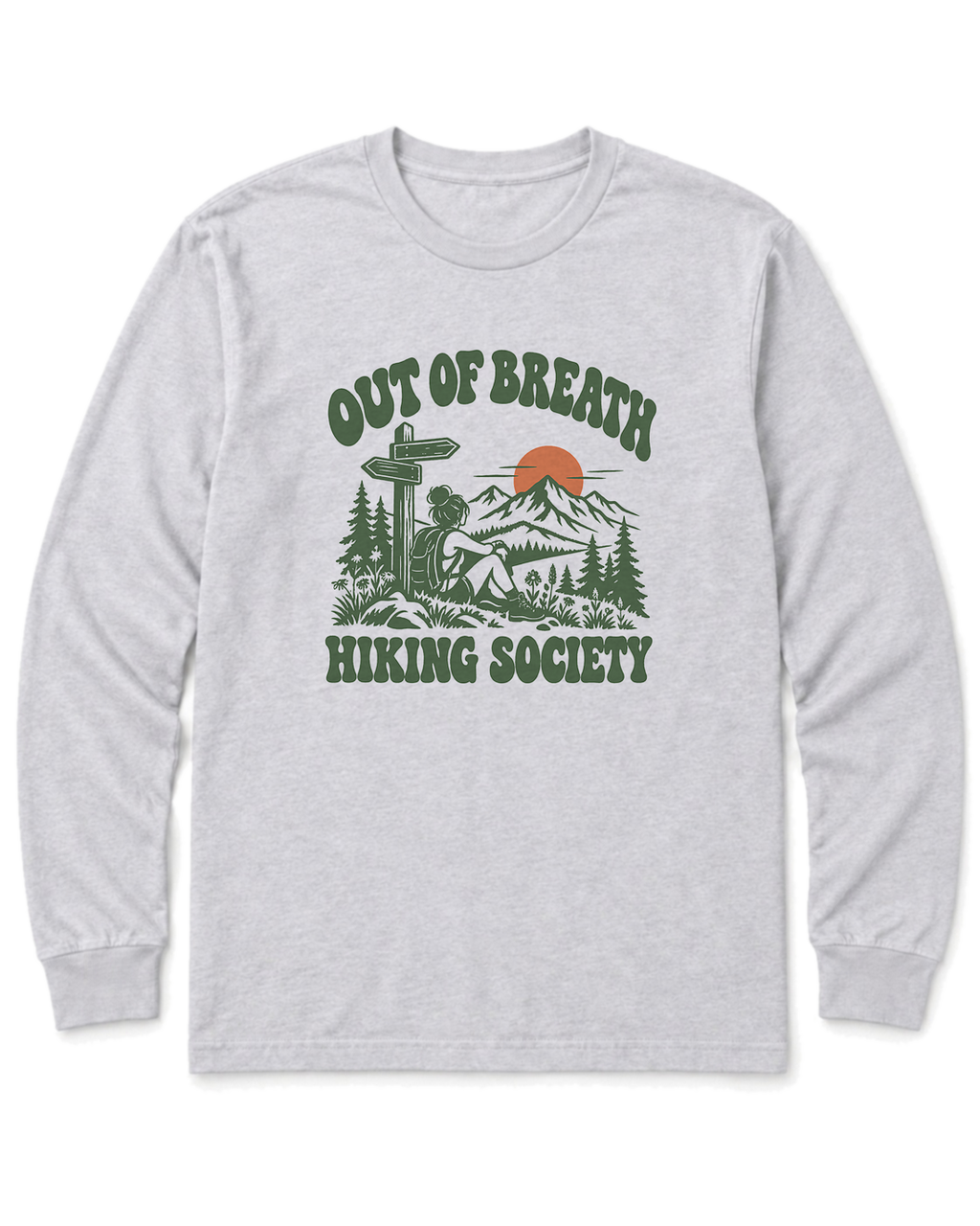 Out of Breath Hiking Society Trail Sign Long Sleeve Shirt - Ash