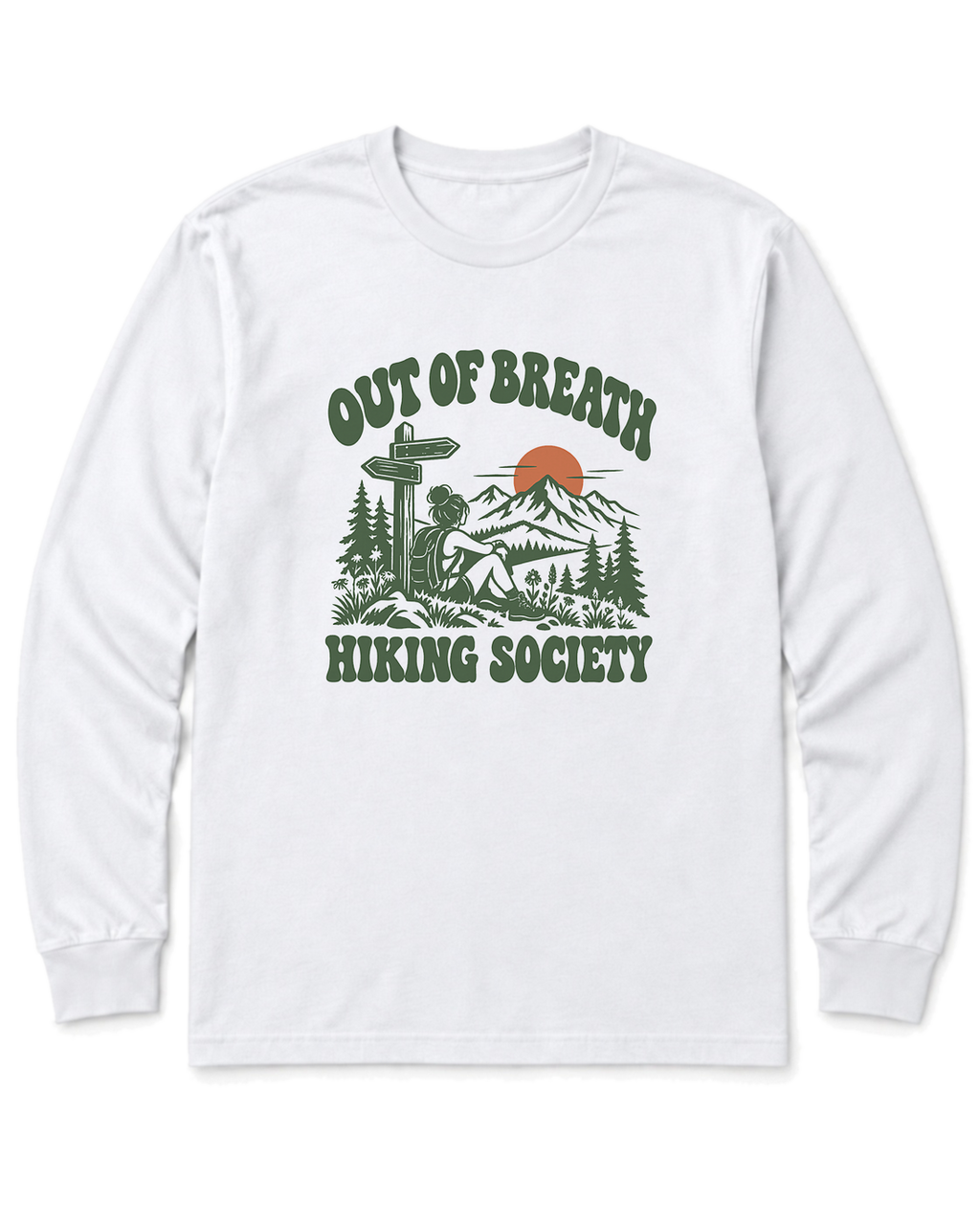 Out of Breath Hiking Society Trail Sign Long Sleeve Shirt - White