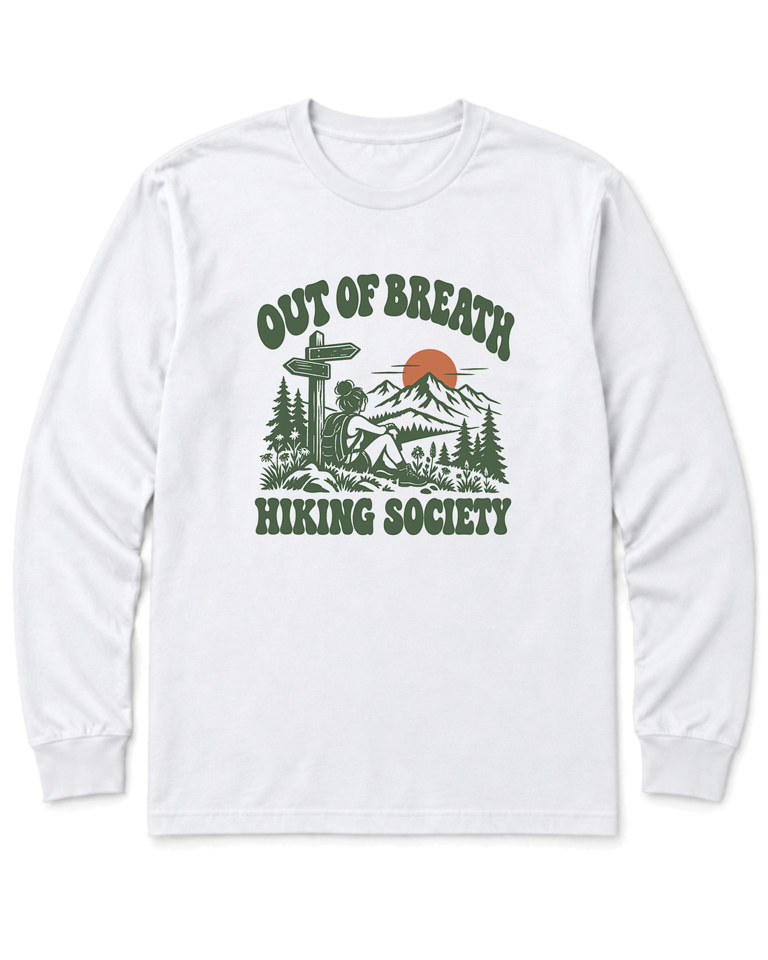 Out of Breath Hiking Society Trail Sign Long Sleeve Shirt - White