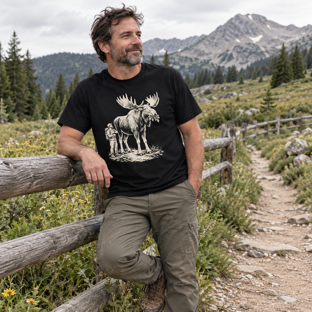 Hiker wearing the Moose Right of Way T-Shirt