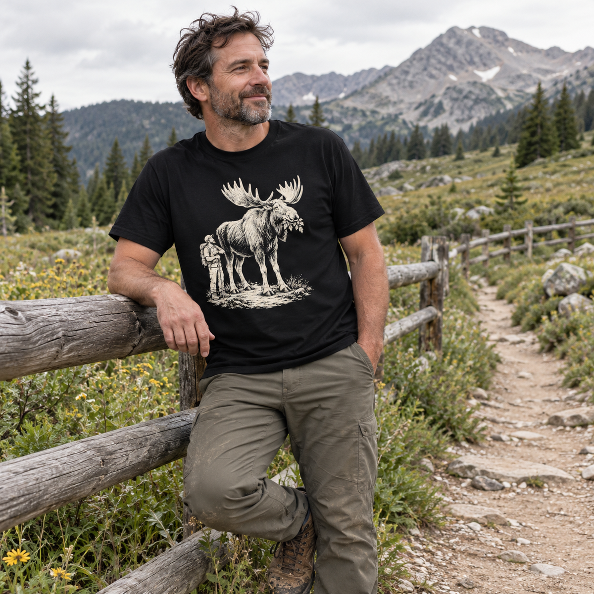 Hiker wearing the Moose Right of Way T-Shirt