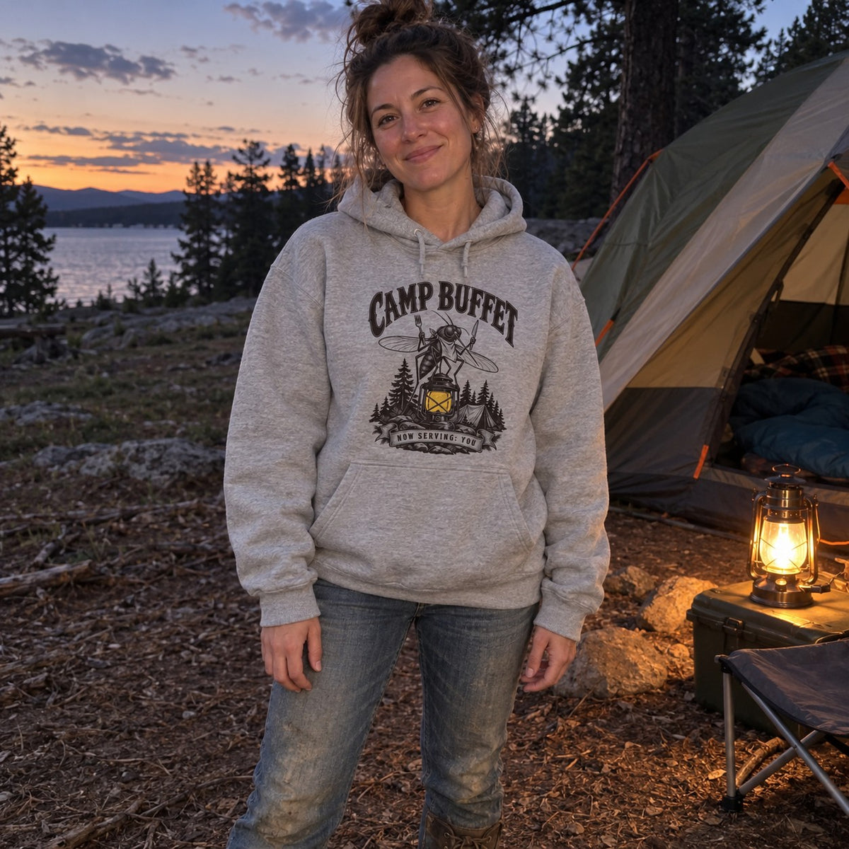 Wearing the Camp Buffet Hoodie outdoors