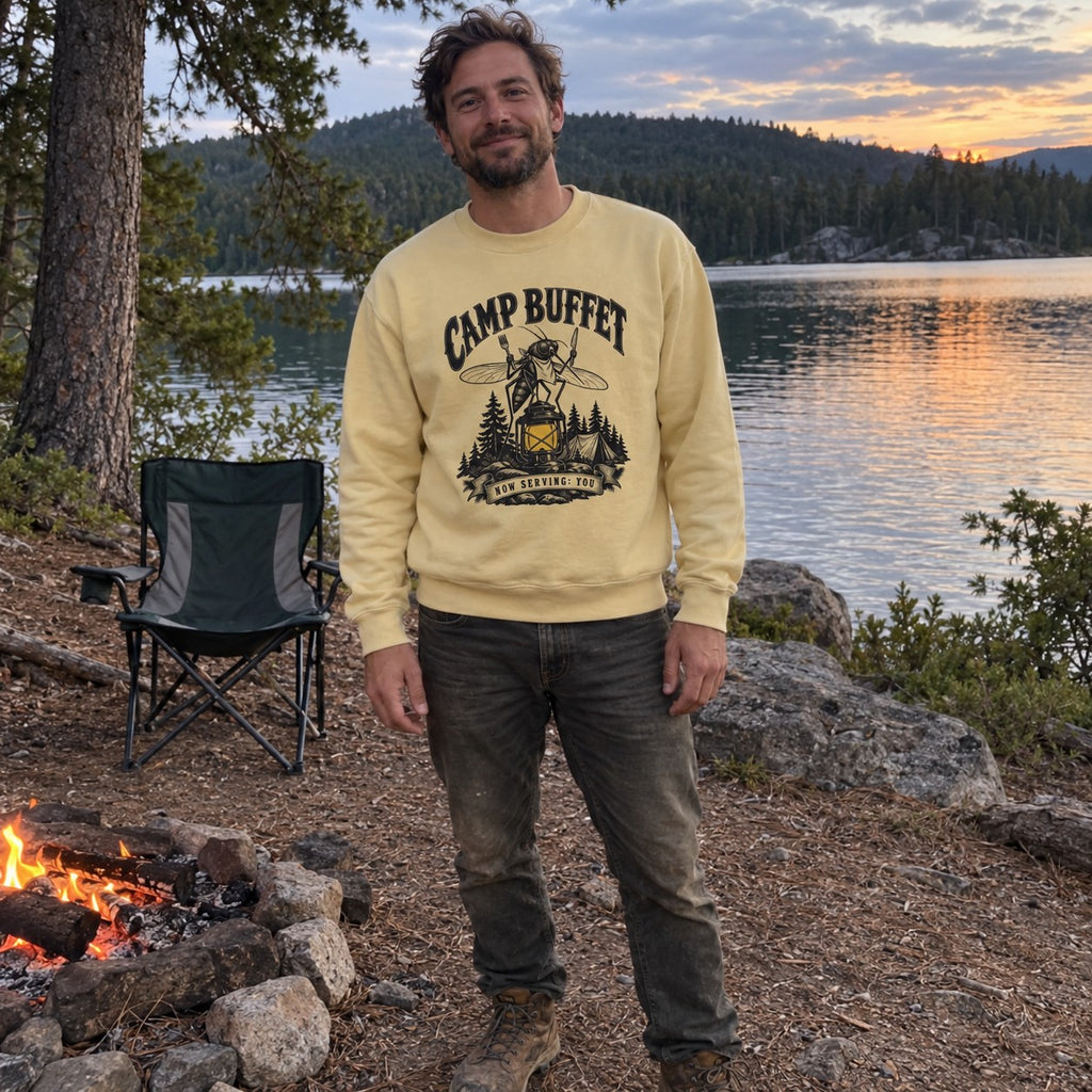 Wearing the Camp Buffet Sweatshirt outdoors