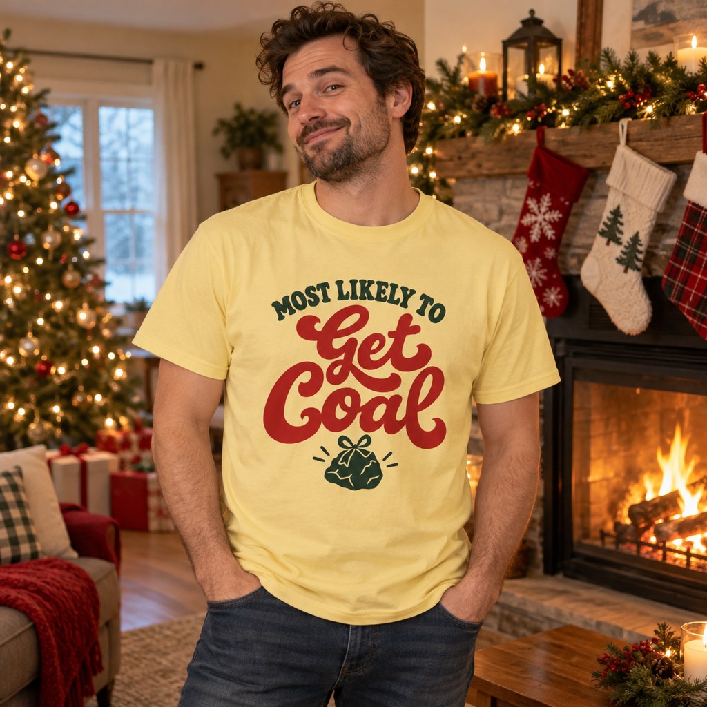 Most Likely To Get Coal T-Shirt worn in a casual Christmas photo