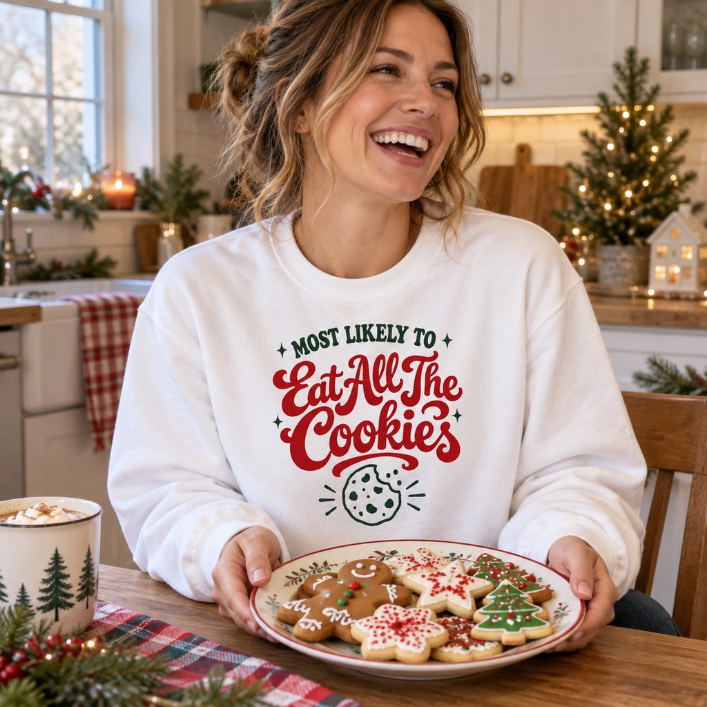 Most Likely To Eat All The Cookies Sweatshirt worn in a casual Christmas photo