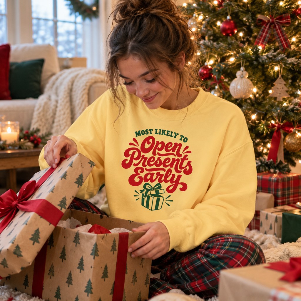 Most Likely To Open Presents Early Sweatshirt worn in a casual Christmas photo