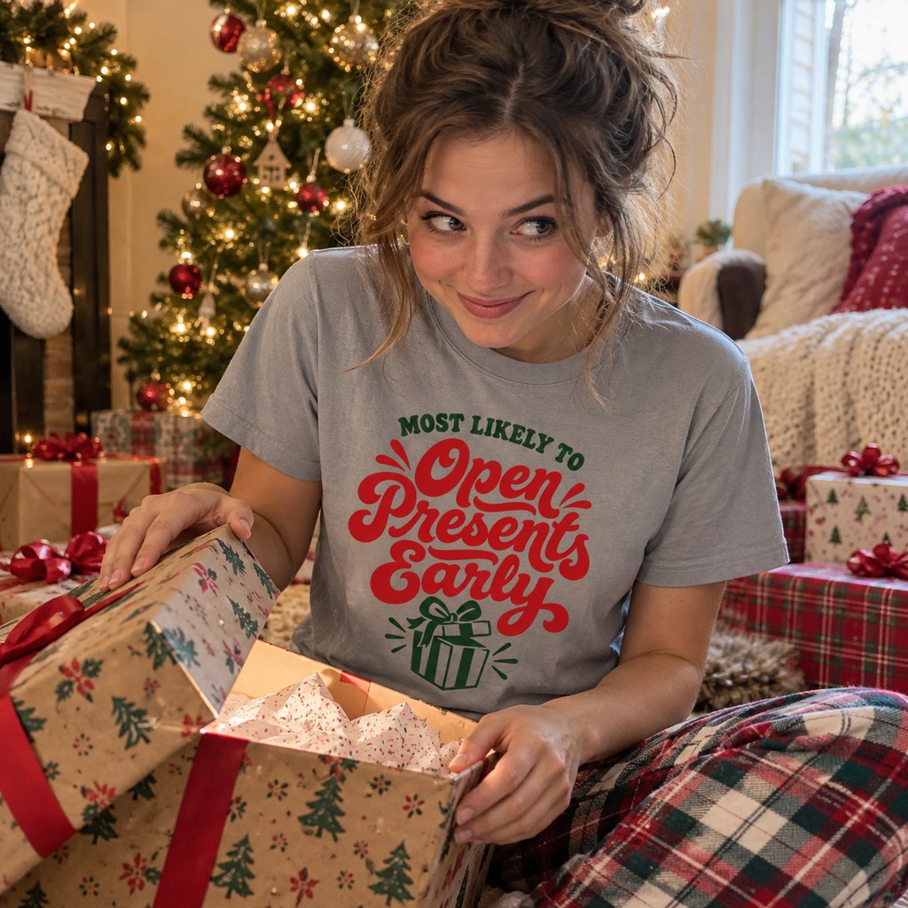 Most Likely To Open Presents Early T-Shirt worn in a casual Christmas photo