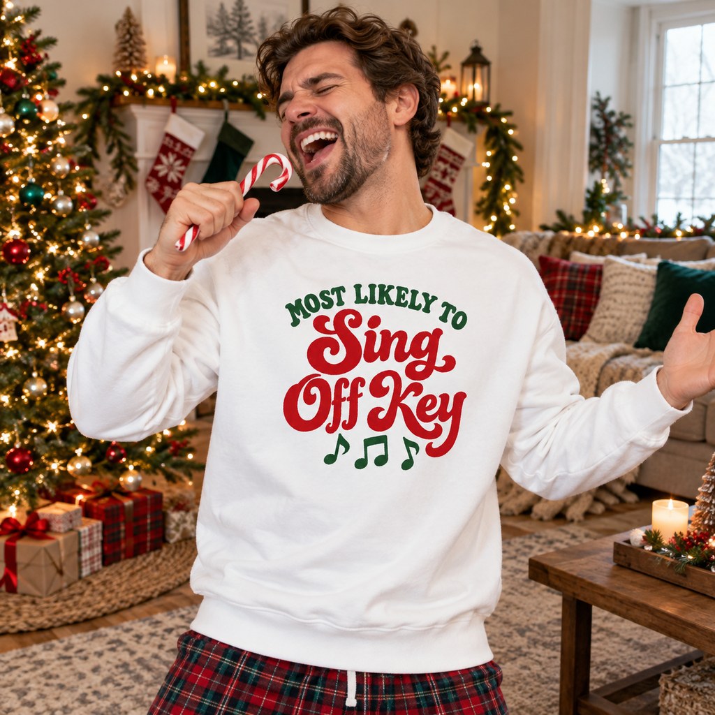Most Likely To Sing Off Key Sweatshirt worn in a casual Christmas photo