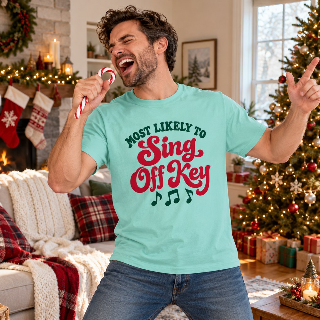 Most Likely To Sing Off Key T-Shirt worn in a casual Christmas photo