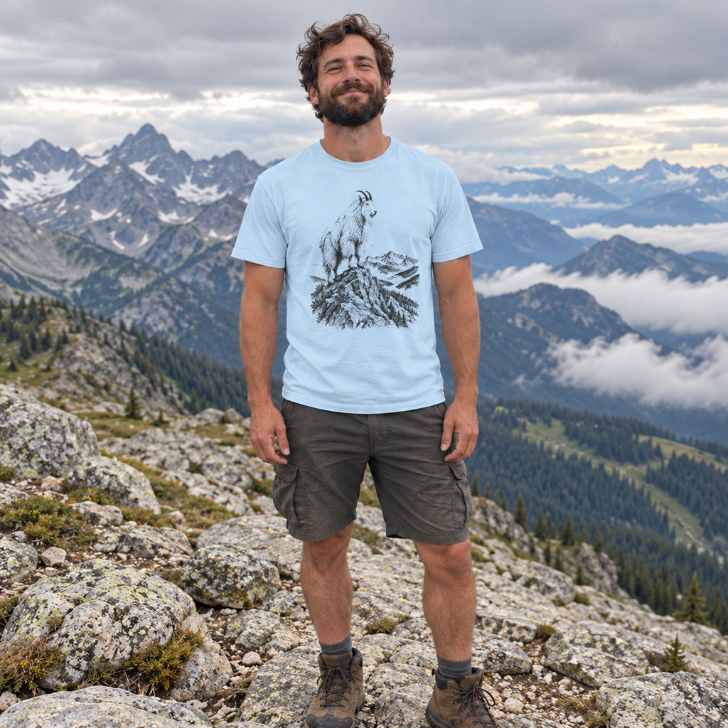 Mountain Goat Summit T-Shirt worn on an alpine ridge