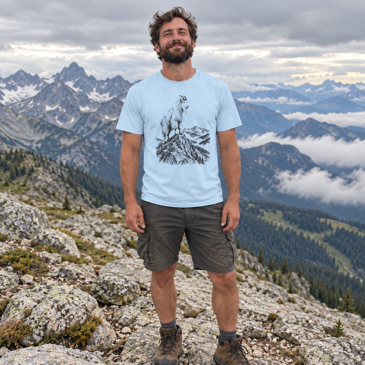 Mountain Goat Summit T-Shirt worn on an alpine ridge