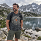 Mountain Lake Map T-Shirt worn outdoors