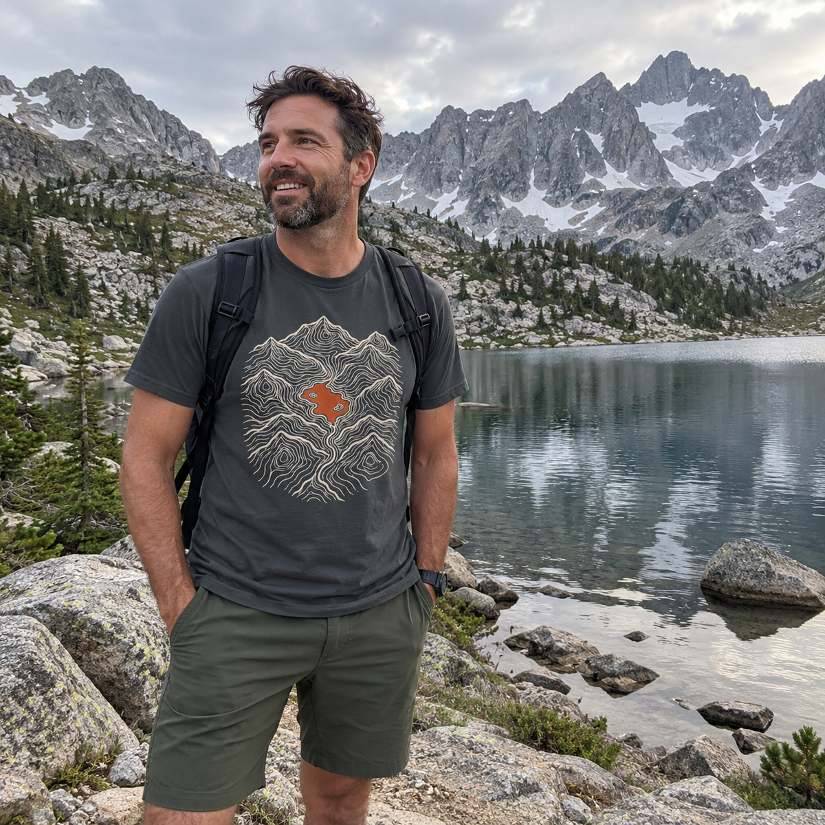 Mountain Lake Map T-Shirt worn outdoors
