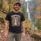 Man wearing the Multnomah Falls T-Shirt near a waterfall