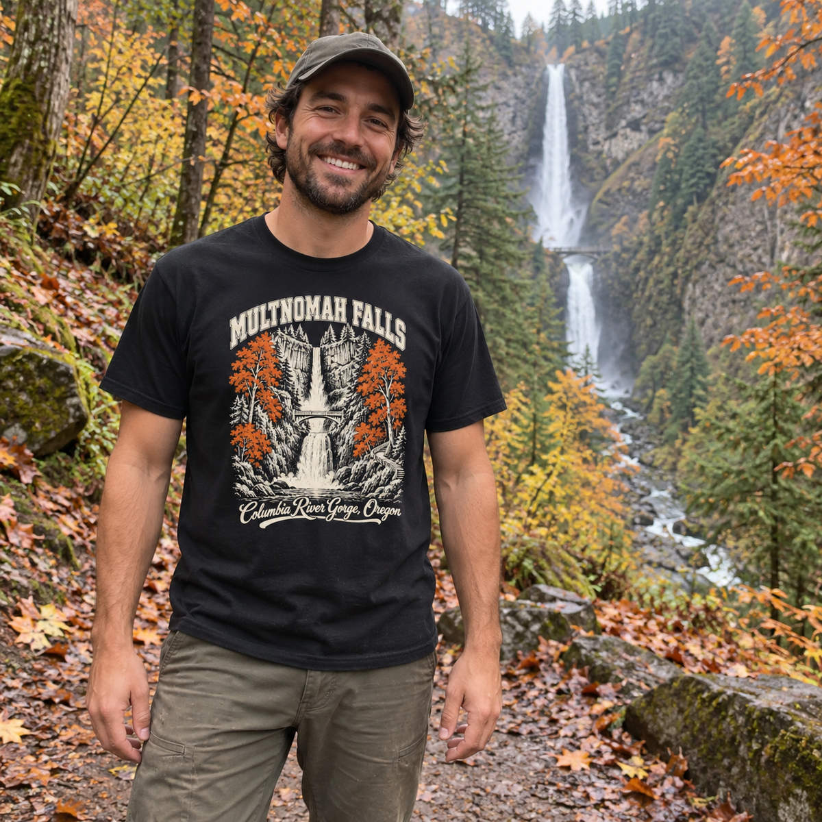 Man wearing the Multnomah Falls T-Shirt near a waterfall