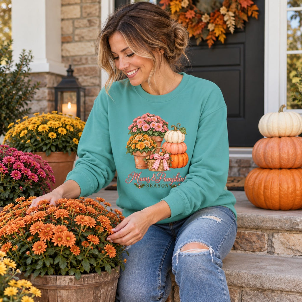 Mums & Pumpkins Season Sweatshirt worn in a casual fall photo