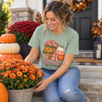 Mums & Pumpkins Season T-Shirt worn in a casual fall photo