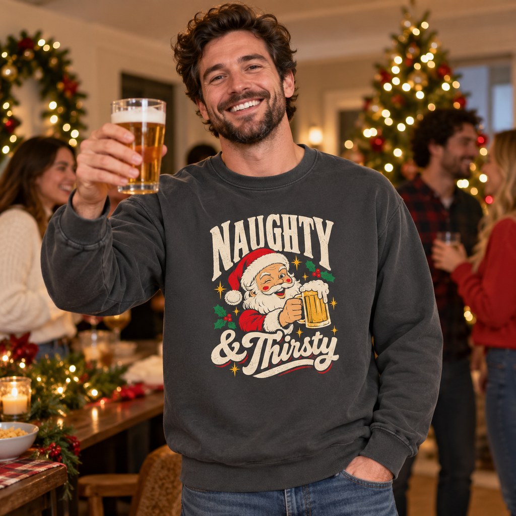 Naughty & Thirsty Sweatshirt worn in a casual Christmas photo