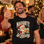 Naughty & Thirsty T-Shirt worn in a casual Christmas photo