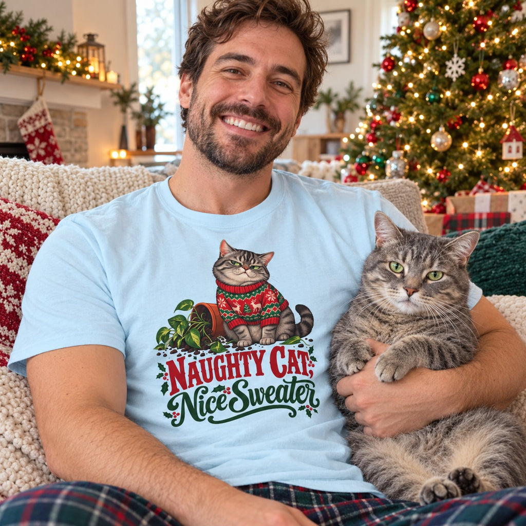 Naughty Cat, Nice Sweater T-Shirt worn in a casual Christmas photo