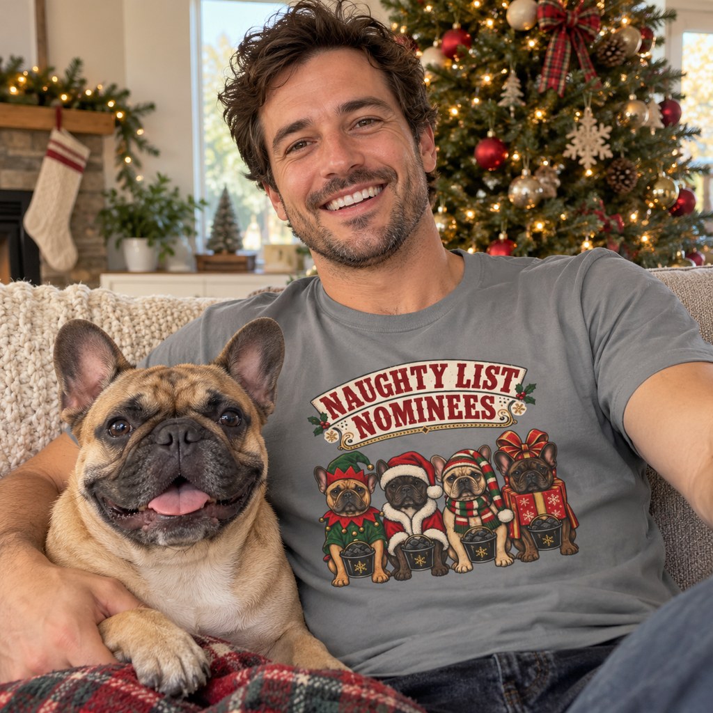 Naughty List Nominees T-Shirt worn in a casual Christmas photo