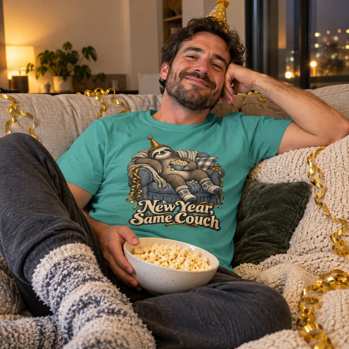 New Year, Same Couch T-Shirt worn casually