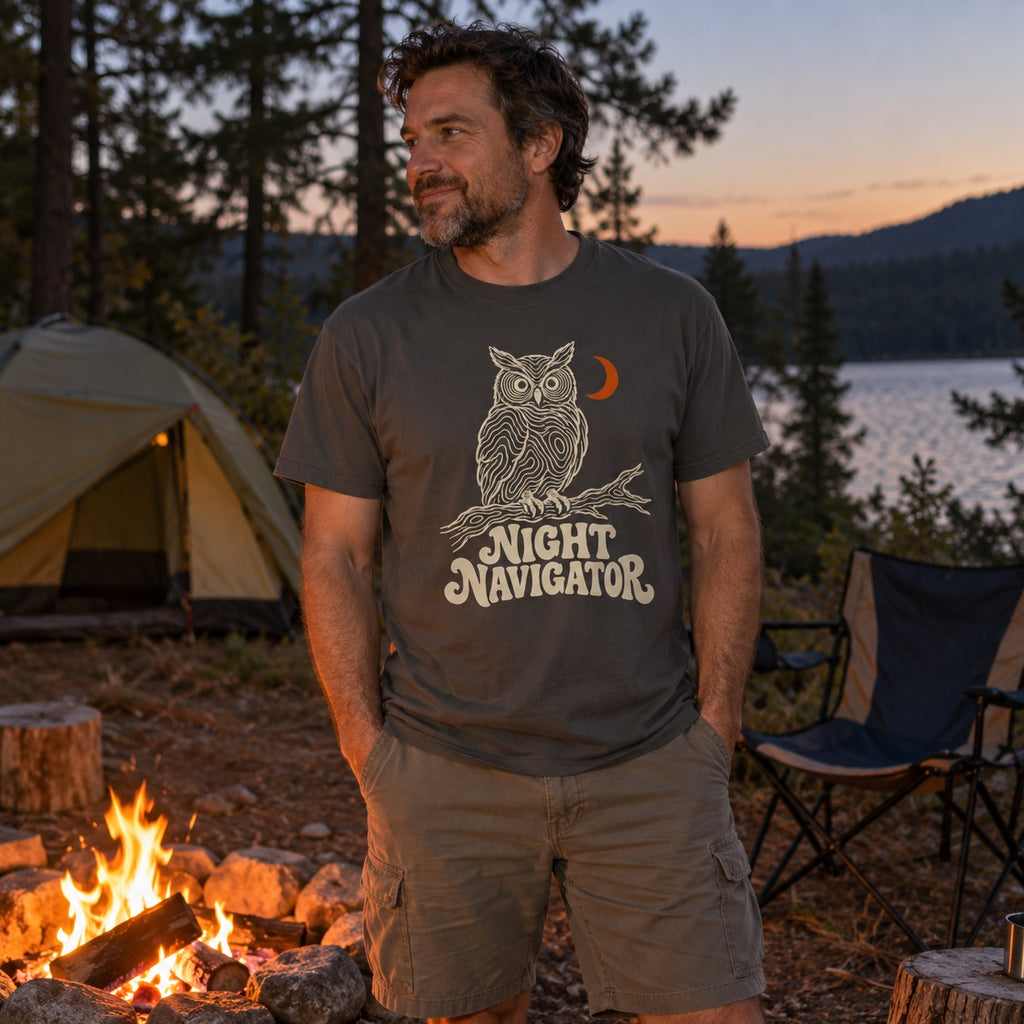 Man wearing the Night Navigator T-shirt outdoors