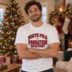 North Pole Probation Department T-Shirt worn in a casual Christmas photo