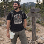 Man wearing the North Is a Suggestion T-shirt outdoors