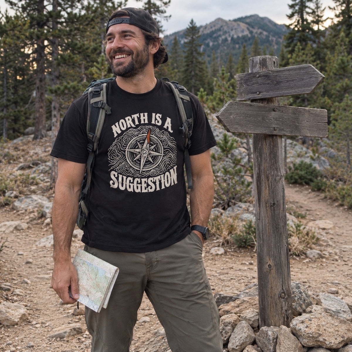 Man wearing the North Is a Suggestion T-shirt outdoors