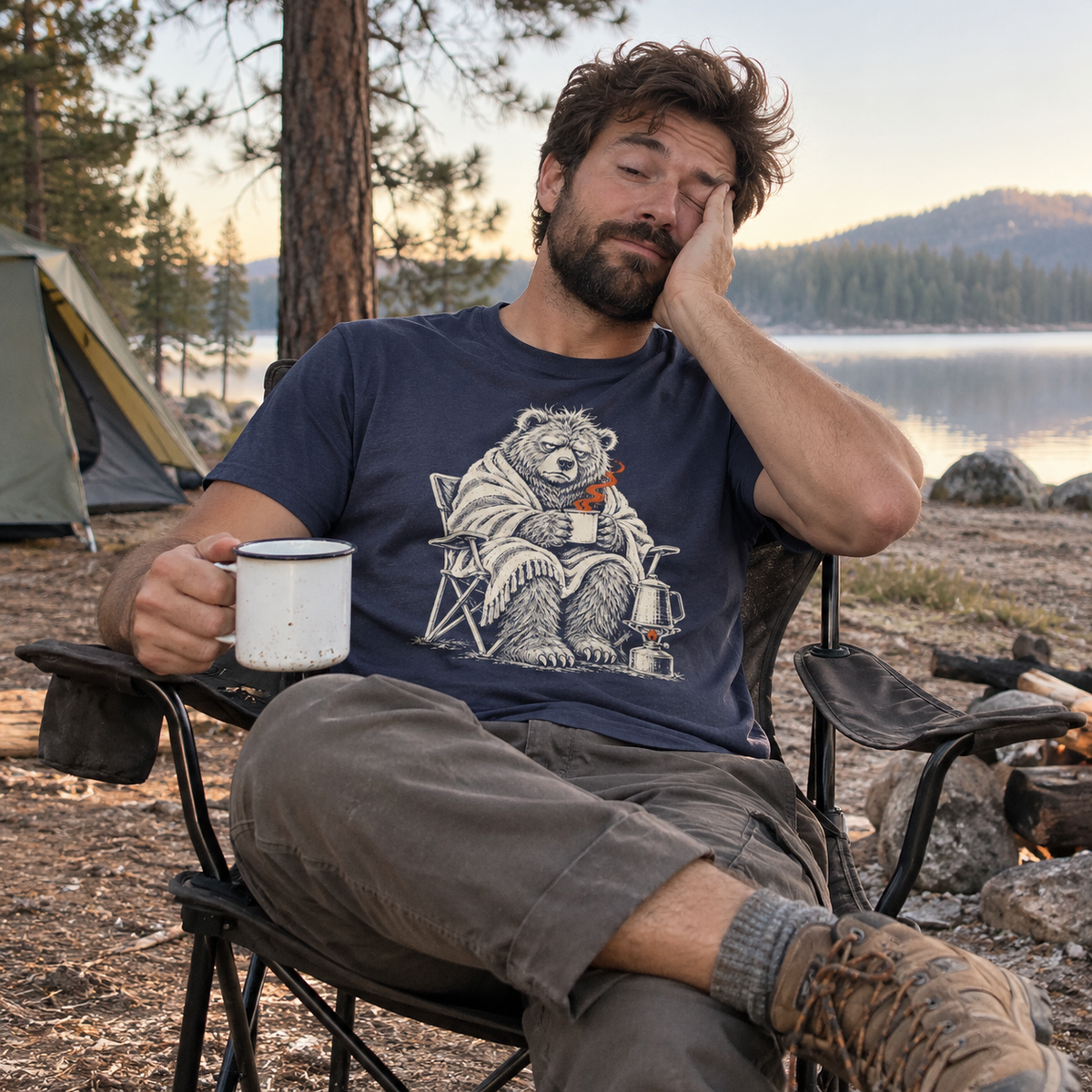 Man with camp coffee wearing the Not a Morning Bear T-Shirt
