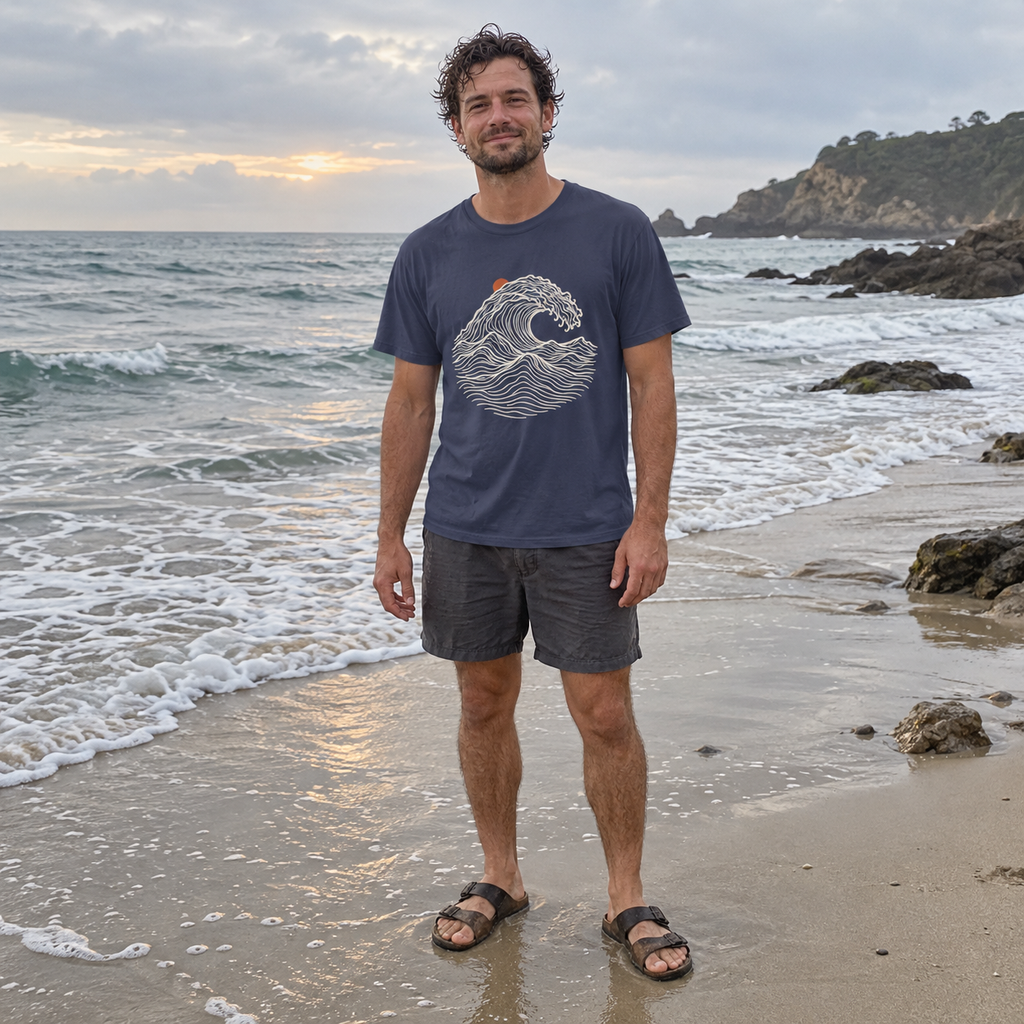 Man wearing the Ocean Wave T-Shirt on the beach