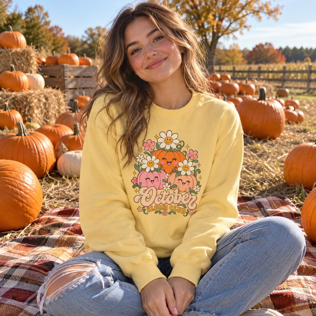 October Bloom Club Sweatshirt worn in a casual fall photo