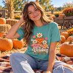 October Bloom Club T-Shirt worn in a casual fall photo